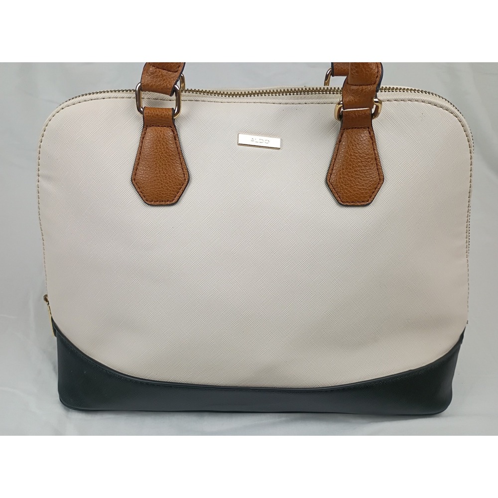 Aldo Womens Colorblock Dome Satchel Handbag Cream Black Brown Saffiano Leather